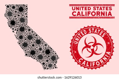 Coronavirus collage California map and red grunge stamp watermarks with biohazard sign. California map collage composed with random microorganism symbols. Red round outbreak danger stamp,