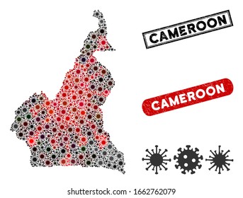 Coronavirus collage de mapas de Camerún y sellos de sellos de estampado gruesos. Collage de mapas de Camerún diseñado con artículos virales rojos y negros dispersos. Sellos rectangulares, con textura de socorro.