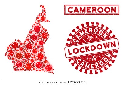 Coronavirus collage Cameroon map and stamps. Red rounded lockdown distress stamp. Vector coronavirus infection elements are united into collage Cameroon map. Vector collage for isolation,