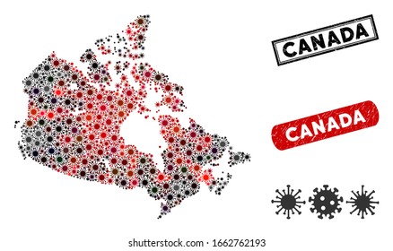 Coronavirus coloquen el mapa de Canadá y sellos corroídos. Collage de mapas de Canadá formado con símbolos de microbio rojo y negro aleatorios. Sellos rectangulares, con textura sucia.