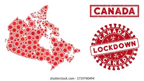 Coronavirus collage Canada map and seals. Red round lockdown textured watermark. Vector coronavirus infection icons are united into collage Canada map. Vector combination for quarantine,