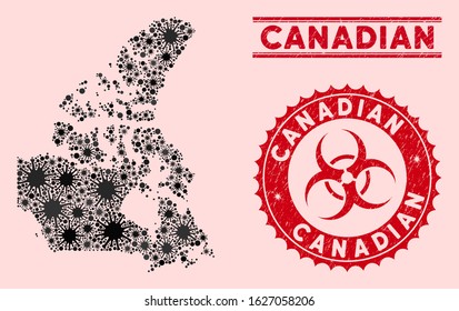 Coronavirus collage Canada v2 map and red grunge stamp watermarks with biohazard symbol. Canada v2 map collage formed with scattered flu items. Red round outbreak danger seal stamp,