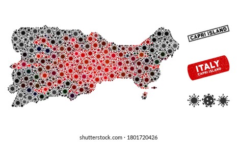 Coronavirus collage Capri Island map and grunge stamp seals. Capri Island map collage composed with scattered red and black pandemic elements. Rectangle seals, with grunge texture.