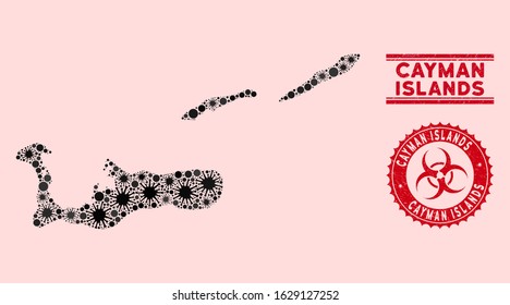 Coronavirus collage Cayman Islands map and red distressed stamp watermarks with biohazard sign. Cayman Islands map collage composed with random infection elements. Red rounded outbreak danger stamp,