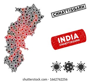 Coronavirus collage Chhattisgarh State map and grunge stamp seals. Chhattisgarh State map collage composed with random red and black mers items. Rectangle seals, with scratched texture.
