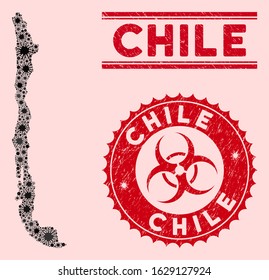 Coronavirus collage Chile map and red corroded stamp watermarks with biohazard sign. Chile map collage composed with scattered microorganism icons. Red round outbreak danger stamp, with dirty texture.