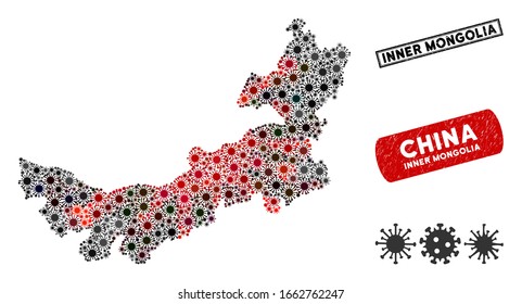 Coronavirus collage Chinese Inner Mongolia map and grunge stamp watermarks. Chinese Inner Mongolia map collage formed with randomized red and black mers-cov icons. Rectangle seal stamps,