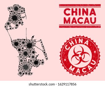 Coronavirus collage Chinese Macau map and red rubber stamp watermarks with biohazard sign. Chinese Macau map collage constructed with randomized pandemic items. Red round outbreak danger stamp,