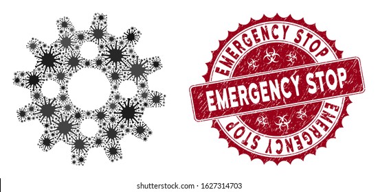 Coronavirus collage cogwheel icon and round grunge stamp seal with Emergency Stop caption. Mosaic vector is designed with cogwheel icon and with randomized pathogen items.
