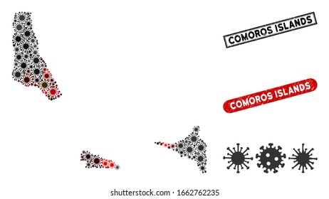 Coronavirus collage Islas Comoras mapa y sellos de sello grunge. Collage de mapas de las Islas Comoras formado con objetos de bacilo rojos y negros aleatorizados. Sellos rectangulares, con textura gruesa.