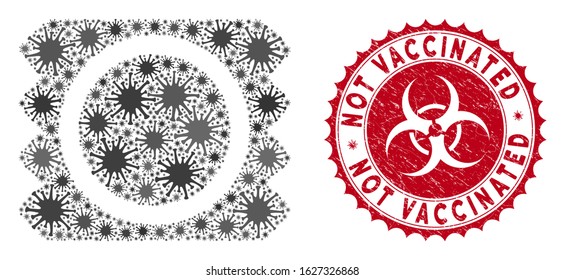 Coronavirus collage condom package icon and round rubber stamp watermark with Not Vaccinated phrase. Mosaic vector is created with condom package icon and with random sars elements.
