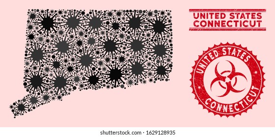 Coronavirus collage Connecticut State map and red grunge stamp seals with biohazard sign. Connecticut State map collage created with randomized contagion symbols.