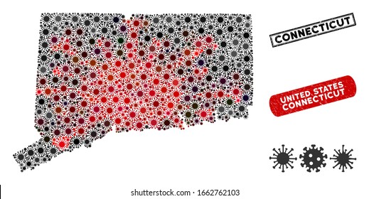 Coronavirus collage Connecticut State map and corroded stamp watermarks. Connecticut State map collage created with randomized red and black microbe items. Rectangle watermarks, with grunge texture.