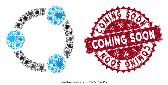 Coronavirus collage cooperation icon and rounded grunge stamp seal with Coming Soon caption. Mosaic vector is designed with cooperation icon and with randomized microorganism objects.