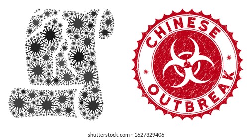 Coronavirus collage corrupted law document icon and round grunge stamp seal with Chinese Outbreak text. Mosaic vector is composed with corrupted law document icon and with random bacteria elements.