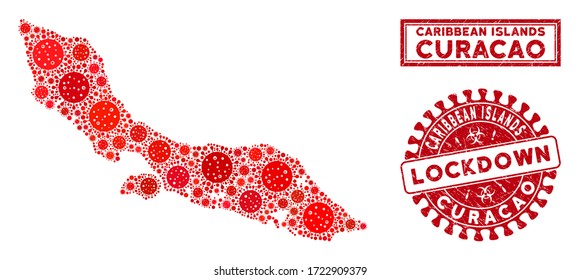 Coronavirus collage Curacao Island map and seals. Red round lockdown textured seal stamp. Vector coronavirus infection items are organized into collage Curacao Island map.