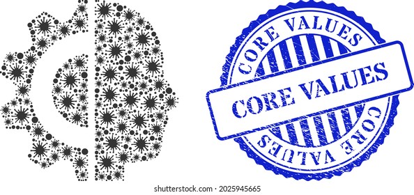 Coronavirus collage cyborg head icon, and grunge CORE VALUES seal. Cyborg head mosaic for breakout templates, and unclean round blue seal. Vector mosaic is designed with random bacilla elements.