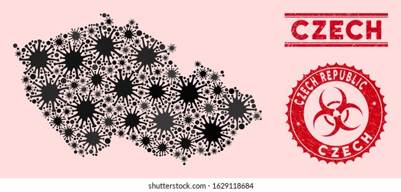 Coronavirus collage Czech map and red grunge stamp seals with biohazard symbol. Czech map collage formed with random mers-cov elements. Red round outbreak danger seal stamp, with scratched texture.