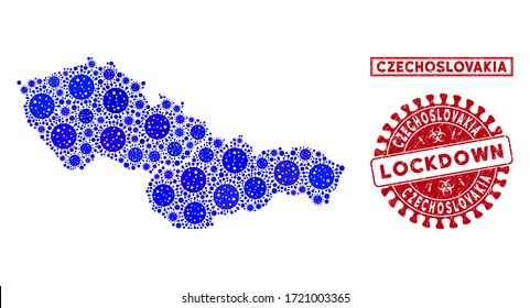 Coronavirus collage Czechoslovakia map and watermarks. Red round lockdown distress seal. Vector coronavirus viral elements are grouped into illustration Czechoslovakia map.