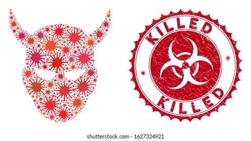 Coronavirus collage daemon head icon and rounded grunge stamp seal with Killed text. Mosaic vector is composed with daemon head icon and with randomized microorganism objects.