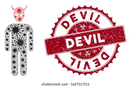 Coronavirus collage daemon icon and round grunge stamp seal with Devil phrase. Mosaic vector is composed with daemon icon and with random bacillus icons. Devil stamp seal uses biohazard style,