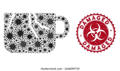 Coronavirus collage damaged cup icon and round rubber stamp seal with Damaged text. Mosaic vector is formed with damaged cup icon and with random sars icons. Damaged stamp seal uses biohazard style,