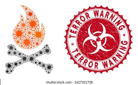 Coronavirus collage death bones flame icon and round rubber stamp seal with Terror Warning text. Mosaic vector is composed with death bones flame pictogram and with randomized virus objects.