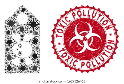 Coronavirus collage death label icon and rounded distressed stamp seal with Toxic Pollution caption. Mosaic vector is designed with death label icon and with random epidemic symbols.