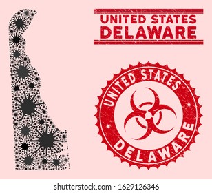Coronavirus collage Delaware State map and red distressed stamp watermarks with biohazard symbol. Delaware State map collage formed with scattered mers icons. Red round outbreak danger seal,