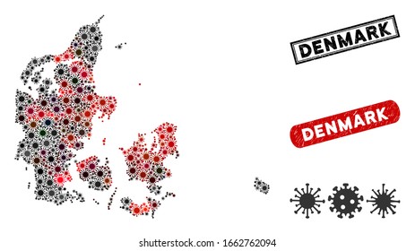 Coronavirus collage Denmark map and distressed stamp watermarks. Denmark map collage created with scattered red and black microbe cell elements. Rectangle watermarks, with grunge texture.