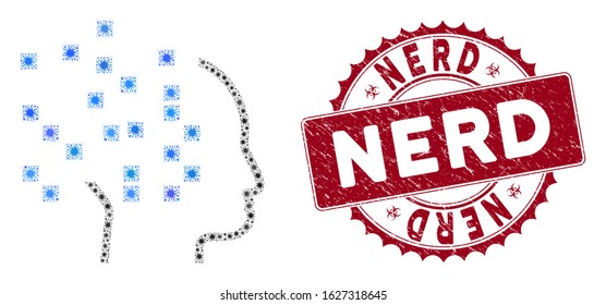 Coronavirus collage digital phinking icon and round distressed stamp seal with Nerd phrase. Mosaic vector is formed with digital phinking icon and with random flu items.