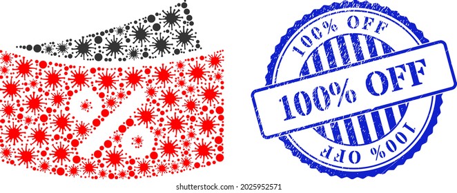 Coronavirus Collage Rabatt Coupones Symbol und Grunge 100% OFF Siegel Stempel. Rabatt Coupones Mosaik für Breakout-Bilder und Grunge rund blaue Stempelsiegel.