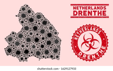 Coronavirus collage Drenthe Province map and red grunge stamp seals with biohazard symbol. Drenthe Province map collage designed with randomized pandemic icons. Red round outbreak danger watermark,