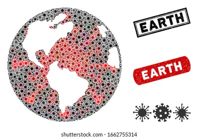 Coronavirus collage Earth globe and distressed stamp seals. Earth globe collage composed with random red and black bacterium items. Rectangle seals, with dirty texture.
