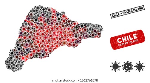 Coronavirus collage Easter Island map and grunge stamp watermarks. Easter Island map collage created with scattered red and black epidemic items. Rectangle seal stamps, with grunge texture.