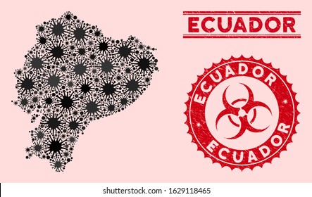 Coronavirus collage Ecuador map and red corroded stamp seals with biohazard sign. Ecuador map collage constructed with randomized infection elements. Red round outbreak danger stamp,