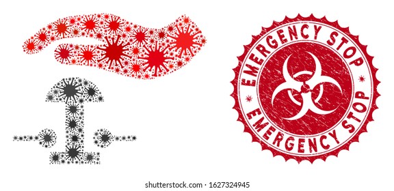 Coronavirus collage emergency stop icon and round grunge stamp seal with Emergency Stop caption. Mosaic vector is composed with emergency stop icon and with scattered infectious icons.