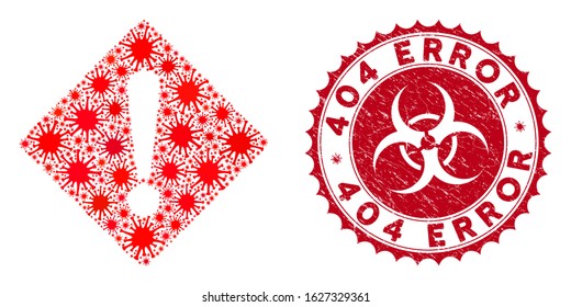 Coronavirus collage error icon and round distressed stamp watermark with 404 Error caption. Mosaic vector is designed with error icon and with randomized contagion objects.