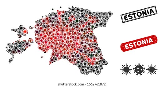 Coronavirus collage Estonia mapa y marcas de agua corroídas. Collage de mapas de Estonia diseñado con símbolos de bacterias rojas y negras aleatorizados. Marcas de agua rectangulares, con textura gruesa.