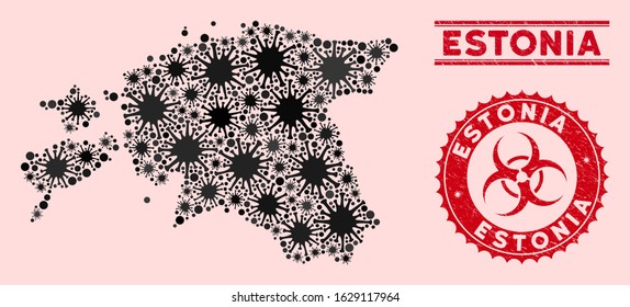 Coronavirus collage Estonia map and red grunge stamp watermarks with biohazard sign. Estonia map collage designed with random microorganism items. Red rounded outbreak danger seal stamp,