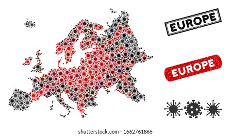 Coronavirus collage Europe map and distressed stamp watermarks. Europe map collage constructed with randomized red and black epidemic symbols. Rectangle watermarks, with distress texture.