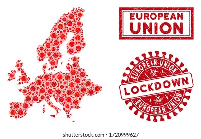 Coronavirus collage European Union map and stamps. Red rounded lockdown textured stamp. Vector coronavirus infection elements are united into composition European Union map.