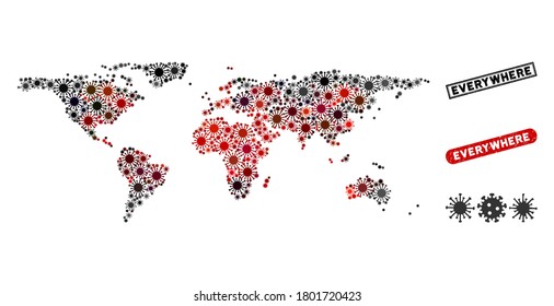 Collage del Coronavirus por todos lados mapa y sellos de sellos con problemas. Collage de mapas por todas partes formado con símbolos infecciosos rojos y negros al azar. Sellos rectangulares, con textura gruesa.