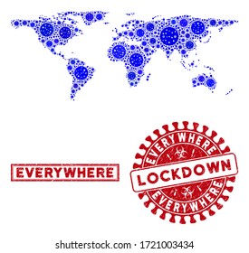 Coronavirus collage everywhere map and watermarks. Red round lockdown textured watermark. Vector coronavirus infection elements are organized into collage everywhere map. Vector collage for lockdown,