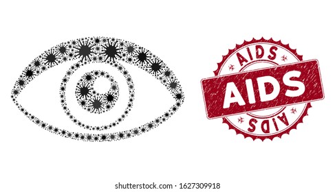 Coronavirus collage eye icon and round corroded stamp seal with AIDS text. Mosaic vector is composed with eye icon and with scattered sars objects. AIDS stamp seal uses biohazard style, red color,