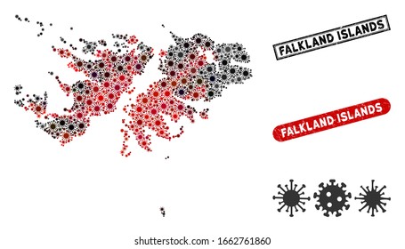 Coronavirus collage Falkland Islands map and rubber stamp seals. Falkland Islands map collage designed with randomized red and black infection items. Rectangle seals, with dirty texture.