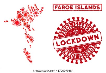 Coronavirus collage Faroe Islands map and rubber prints. Red rounded lockdown textured watermark. Vector coronavirus viral elements are arranged into mosaic Faroe Islands map.