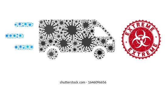 Coronavirus collage fast delivery car icon and rounded corroded stamp seal with Extreme phrase. Mosaic vector is created with fast delivery car icon and with randomized bacterium elements.