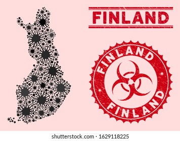 Coronavirus collage Finland map and red grunge stamp watermarks with biohazard symbol. Finland map collage created with random bacterium elements. Red rounded outbreak danger watermark,