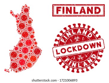 Coronavirus collage Finland map and stamps. Red rounded lockdown scratched seal. Vector covid viral icons are arranged into collage Finland map. Vector collage for lockdown,